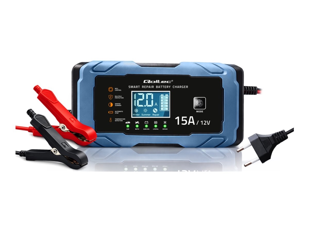 Qoltec intelligent mikroprocessoroplader 12V 15A | ensretter med reparationsfunktion | AGM GEL LiFePO4 | 9-trins opladning