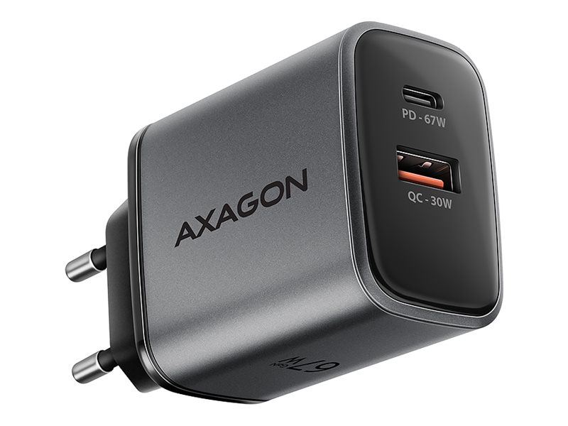 AXAGON - Strømforsyningsadapter - 67 watt - 5 A - Fast Charge, SCP, PD 2.0, PD 3.0, QC 2.0, QC 3.0, QC 4.0+, AFC, FC, FC 2.0 - 2 output-stikforbindelser (USB Type A, USB-C) - grå