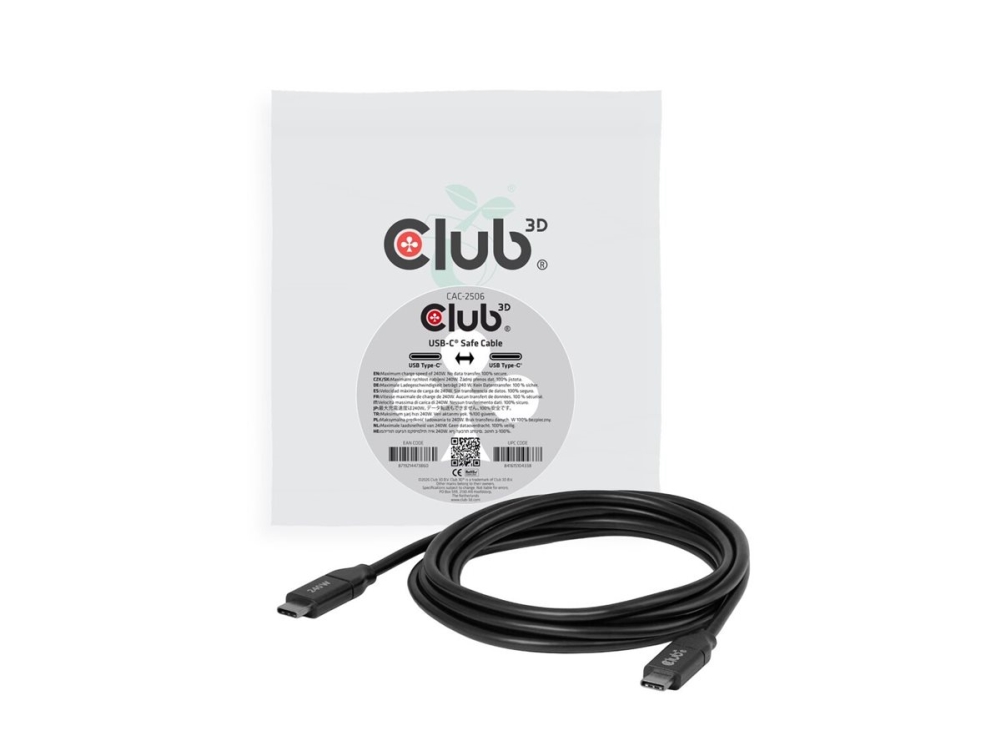 Club3d Usb-C -Sicherheitskabel 240 W, Ohne Daten, 2 M / 6,56 Ft, 2 M, Usb C, Usb C, 0 Gbit/S, Schwarz