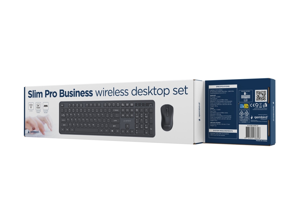 Gembird Slim Pro Business - Sæt Med Mus Og Tastatur - Full Size - Trådløs - 2.4 Ghz - Qwerty - Usa - Sort