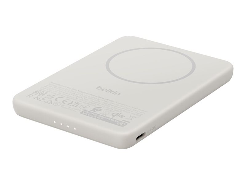 Belkin Boostcharge - Powerbank - Slim, Magnetic, With Qi2 - 5000 Mah - 15 Watt - Fast Charge (Usb-C) - På Kabel: Usb-C - Sand