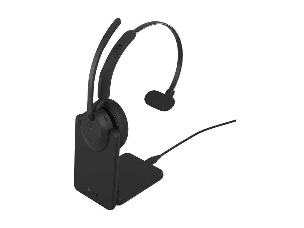 Jabra Evolve3 45 MS Mono - Headset - på øret - Bluetooth - trådløs, kablet - aktiv støjfjerning - USB-A via Bluetooth adapter, USB-C - med opladningsstander - Microsoft Swift Pair Certified, Google Meet Certified, Zoom Certified, Certified for Microsoft Teams, MFi Certified