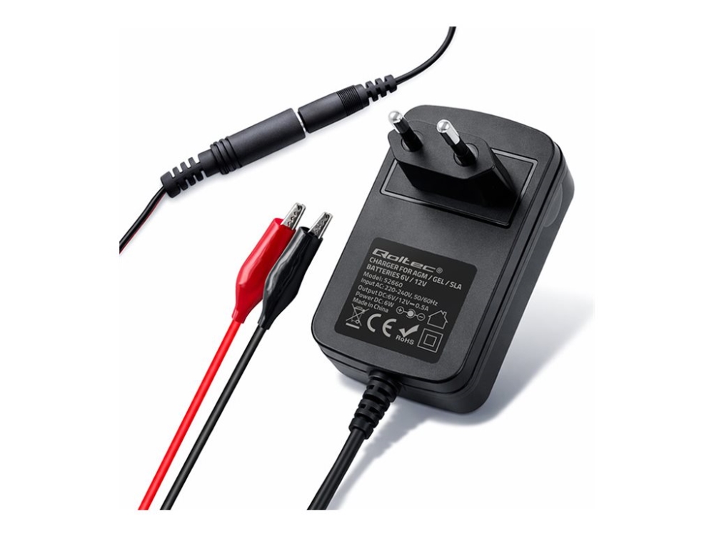 Qoltec - Batterioplader - til AGM GEL STD batterier, 6 V / 12 V, 5,5 x 2,1, 1,8 m kabel - AC 220-240 V - 6 watt - sort