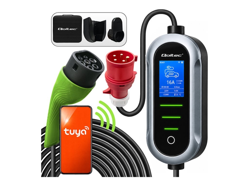 Ladekabel til elbil Qoltec Type 2, 11 kW, 400 V, Wi‑Fi, Tuya/Smart Life, LCD, 5 m - mobil wallbox 2‑i‑1