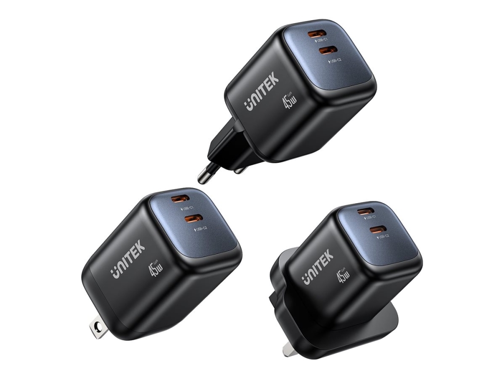 Unitek Zeno - Strømforsyningsadapter - 45 Watt - Fast Charge, Pd 3.0 - 2 Output-Stikforbindelser (2 X Usb-C) - Sort - Europa