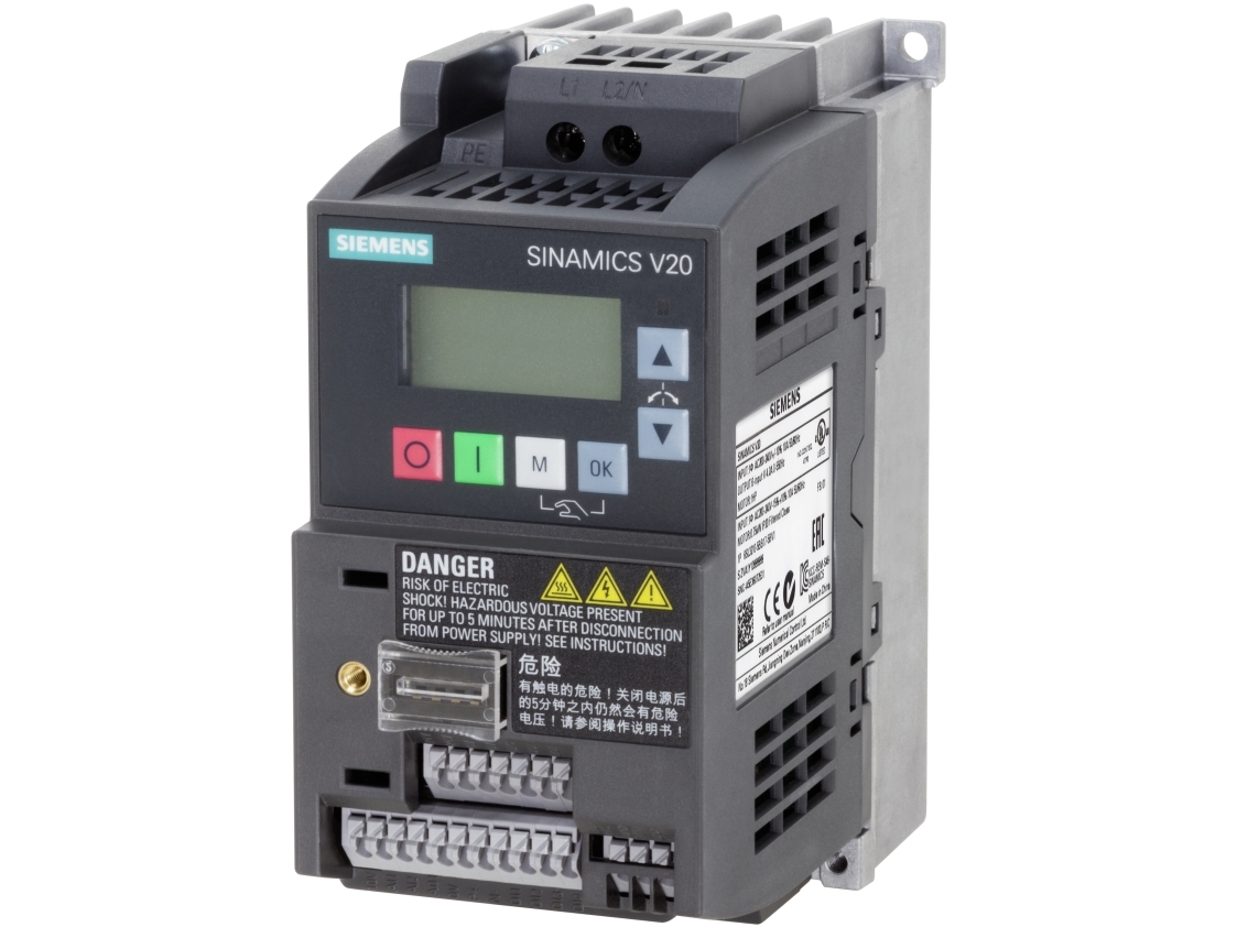 Siemens Sinamics v20 1ac200-240v -10/+10% 47-63hz mærkestrøm 0,75kw / 1hp, str:fsab 68x142x128(wxhxd), integreret filter c1