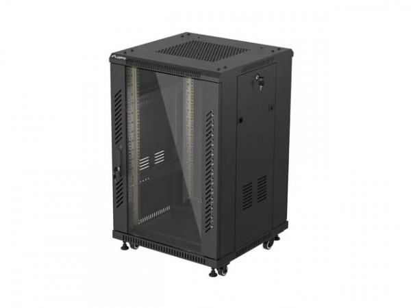 19"-Rack-Schrank, 18 He, 600 X 600, Schwarz, Mit Glastür, Lanberg (Flat Pack)