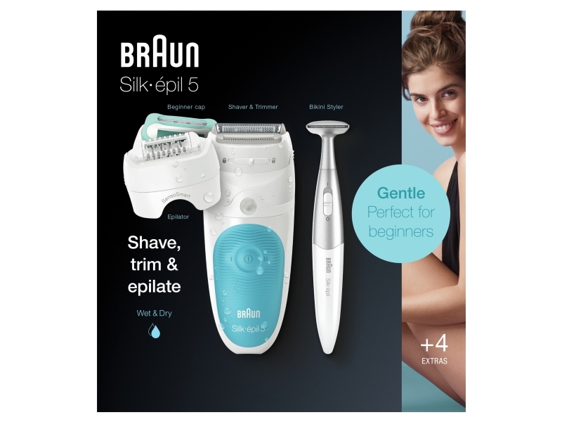 Braun Silk-épil 5 81706344, Hvid, Turkis, 28 pincetter, Armhule, Bikini, Front thigh, Indvendige overarme, Barbering, LED, 0,5 mm