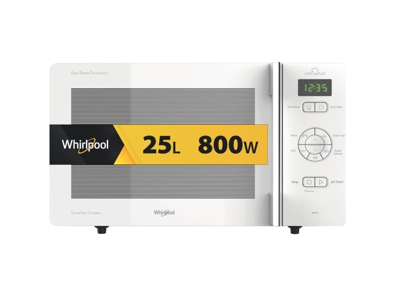 Whirlpool Chef Plus MCP 345 WH, Bordplade, Grill mikroovn, 25 L, 800 W, Indbygget skærm, Knapper