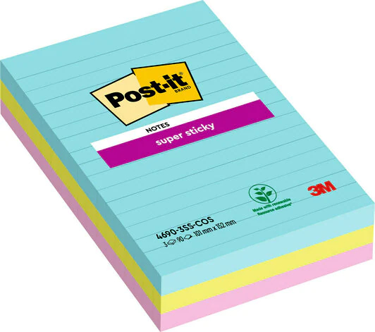 Post-It Super Sticky Notes 4690S3mi 101X152mm F.Sort. 3 St./Pack. (4690S3mi)