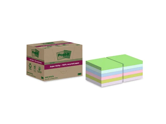 Post-it Super Sticky 100 % Recycled, mangefarvede, 76 x 76, pakke a 12 stk