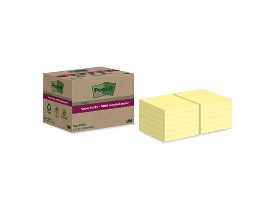 Post-it Super Sticky 100 % Recycled, kanariegule, 76 x 76, pakke a 12 stk billede