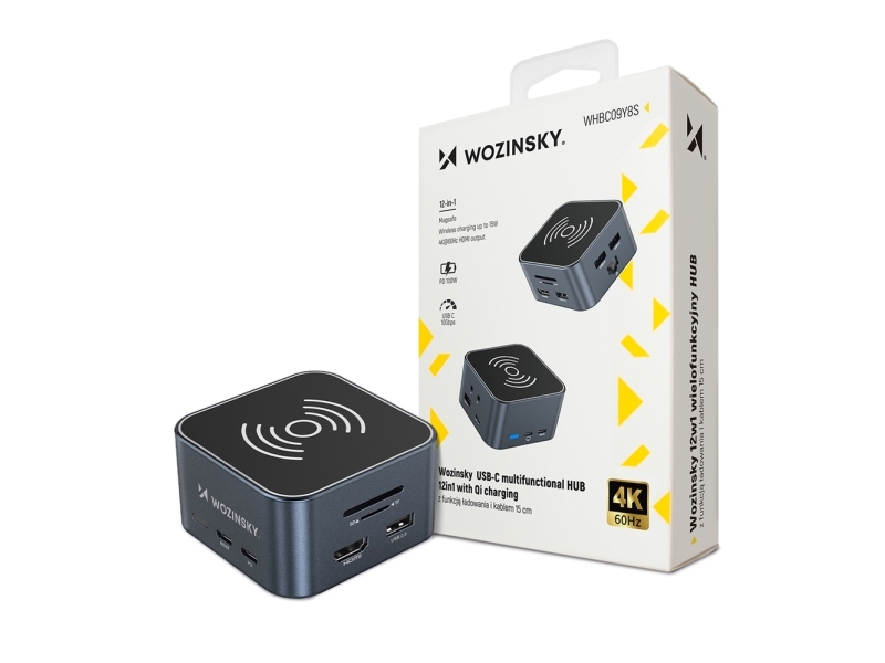Usb-C 12-I-1 Hub Wozinsky Whbc09y8s Multifunktionel, Med Trådløs Opladningsfunktion, Aluminium, Med Kabel 15 Cm - Grå