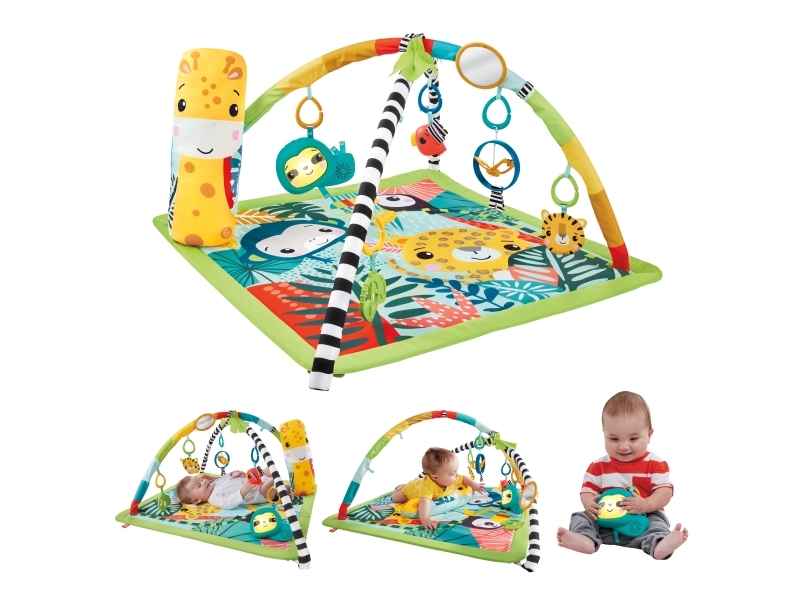 Fisher-Price Fisher-Pricen 3-in-1-leikkimatto, vauvan leikkialusta ja aisteja kehittäviä leluja vatsallaan olon harjoitteluun, sademetsä, Vauvan leikkimatto, lelukaari, Tuottaa ääntä, Monivärinen, Kangas, Muovi