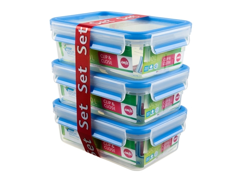 Emsa Clip & Close Frischhaltedosen 3Er Set, 3 X 1,0 L 508558, Box, Rechteckig, 1 L, Blau, Transparent, Polypropylen (Pp), Thermoplastisches Elastomer