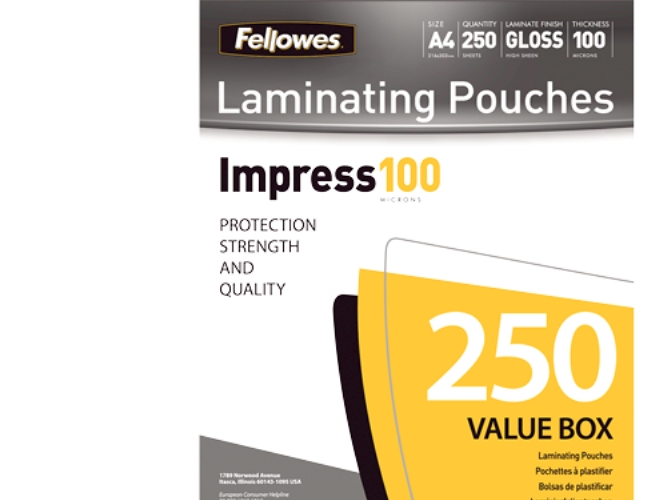 Fellowes Laminating Pouches Impress 100 Micron - 100 My - 250-Pakke - Blank - Hvid - A4 (210 X 297 Mm) Laminerings Poser