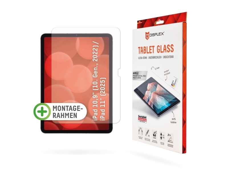 Displex Tablet Glass (9H) Für Apple Ipad 10,9" (10. Gen., 2022)/11" (2025), Eco-Montagerahmen L-Form, Unzerbrechlich, Klare Bildschirmschutzfolie, 27