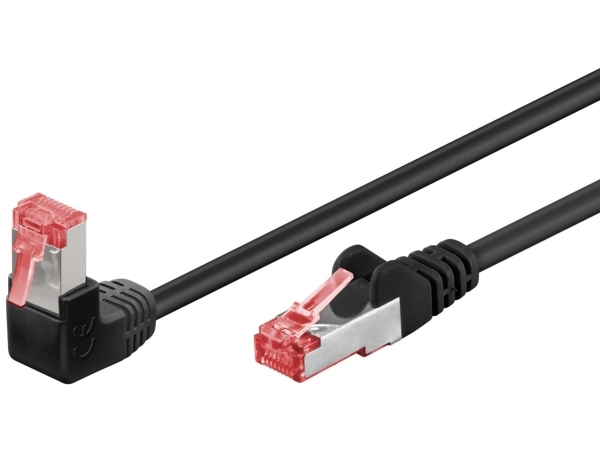 Goobay Netværkskabel CAT 6 vinklet 1x 90°, S/FTP (PiMF), sort, 5 m kobberleder (CU), halogenfri kabelkappe (LSZH), snaplås på toppen