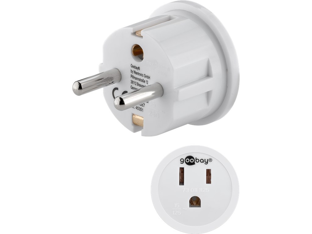 Goobay Nätadapter USA/Japan, vit stickkontakt med skyddsjord (typ F, CEE 7/7) > amerikanskt/japanskt uttag (typ B, NEMA 5-15, 3-polig)
