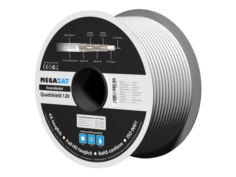 Megasat Quadshield 120 - Bulk antenne kabel - 100 m - parsnoede skærmet koaksial - 110 dB - 4K support