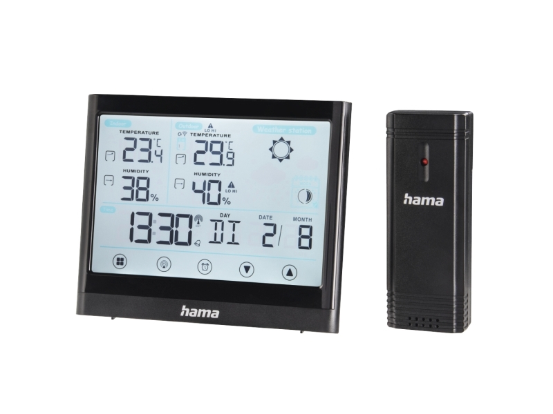Hama Full Touch, Sort, Indendørs Hygrometer, Indendørs Termometer, Udendørs Hygrometer, Udendørs Termometer, Barometer, Termometer, F, °C, Led, Batte