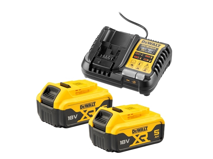 DeWALT DCB1104P2-QW, Akku- ja laturisetti, 5 ah, 18 V, Pora, Sähkömonitoimityökalu, Akkuruuvinväännin, Iskuporakone, Hiomakone, Musta, Keltainen, AC