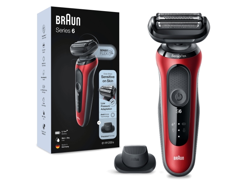 Braun Series 6 61-R1200s, Folie shaver, Sort, Rød, SensoFlex, SensoFoil, Knapper, LED, Batteri