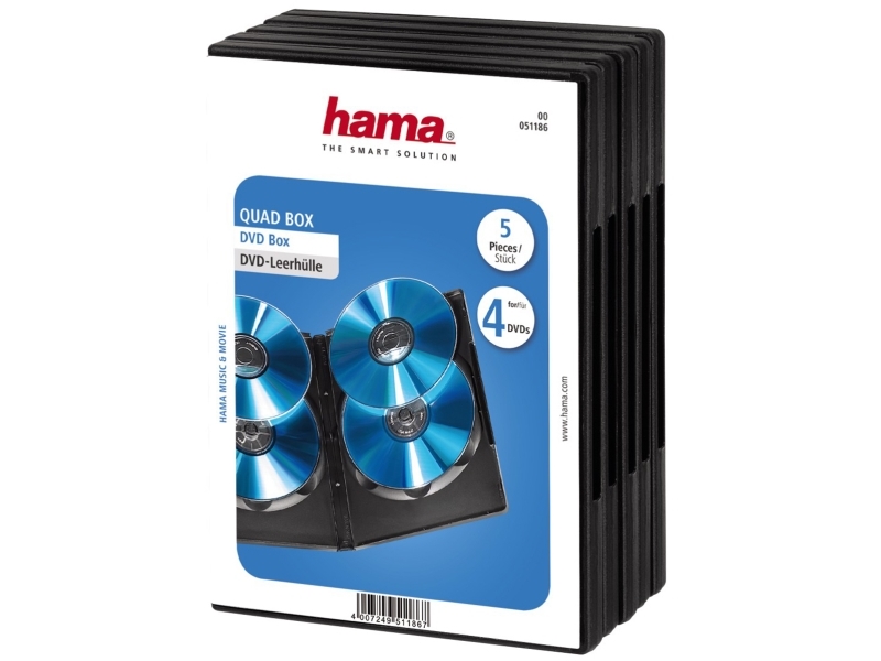 Hama Dvd Quad Box, Black, Package Of 5 Pieces, 4 Disks, Schwarz, 192 Mm, 135 Mm, 73 Mm, 351 G