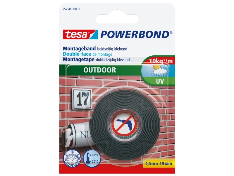 Tesa Powerbond Outdoor, Montageband, Schwarz, 1,5 M, Draußen, Mauerziegel, Metall, Kunststoff, Stein, 0,1 Kg/Cm