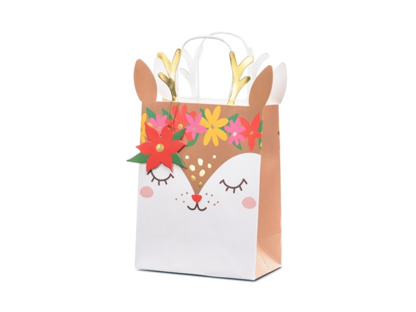 Partydeco Geschenktüte Reh, Mix, 20.5X30x10.5Cm, Geschenkverpackungstasche, Braun, Gold, Rot, Weiß, Gelb, Abbildung, Herzlichen Glückwunsch, Gold, We