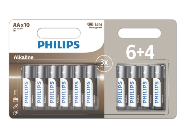Philips LR6A10BP/10, Engangsbatteri, AA, Alkaline, 1,5 V, 10 stk, 5 År