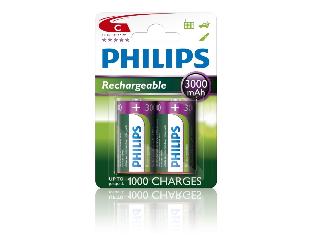 Philips Rechargeables Akku R14b2a300/10, Wiederaufladbarer Akku, C, Nickel-Metallhydrid (Nimh), 1,2 V, 3000 Mah, Cd (Cadmium), Hg (Quecksilber)