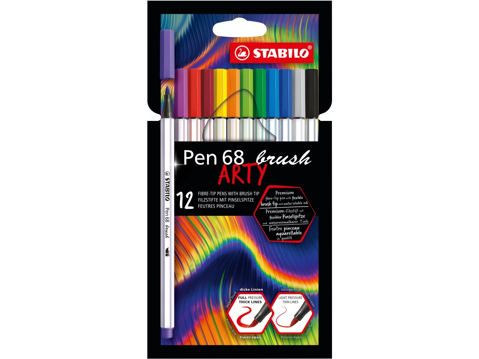Stabilo Pen 68 Brush Arty, 12 Farben, Gemischte Farben, Pinselspitze, Faser, Gemischte Farben, Hexagonal