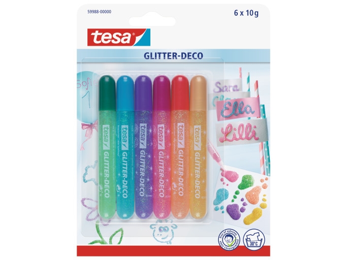 Tesa 59988-00000, Glitzer-Set, Blau, Grün, Orange, Pink, Violett, Gelb, 6 Farben, Junge/Mädchen, 6 Stück(E), Sichtverpackung