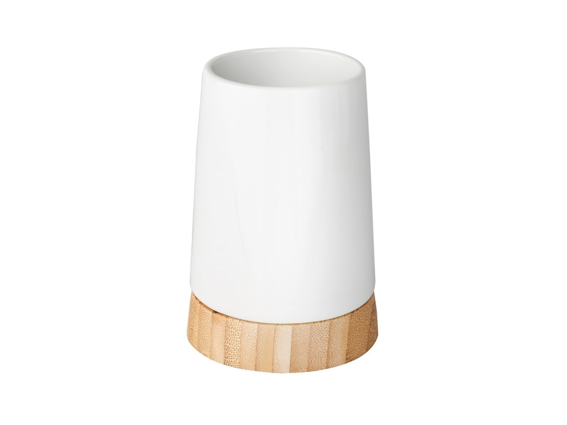 Wenko Zahnputzbecher Bamboo, Freistehender Zahnbürstenhalter, Bambus, Keramik, Weiß, Holz, Tisch, 85 Mm, 85 Mm