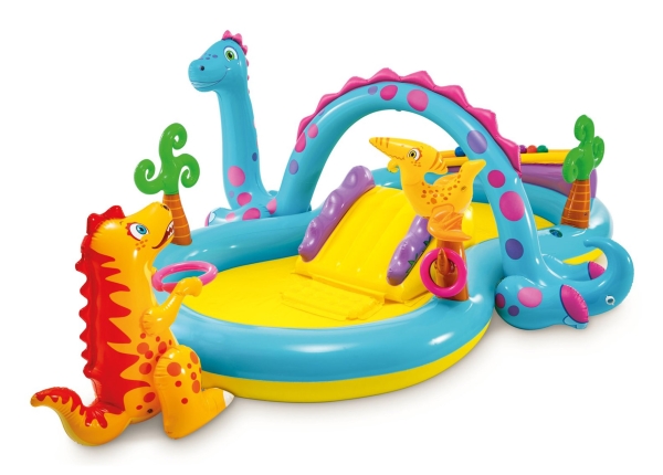 Dinoland Vandlegeplads med Rutsjebane, Springvand og 6 Bolde 302 x 229 x 112 cm