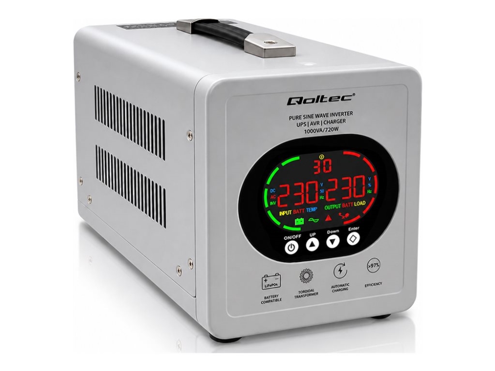 Qoltec - Ups - Ren Sinuskurve, Med Avr, Lcd, Lifepo4 Agm Gel - Ac 230 V / Dc 12 V - 720 Watt - 1000 Va - Uden Batteri - Output-Stikforbindelser: 2 -