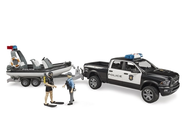 Bruder Dodge Ram 2500 Police pickup truck, trailer, boat, 2 figures with Light and Sound toy