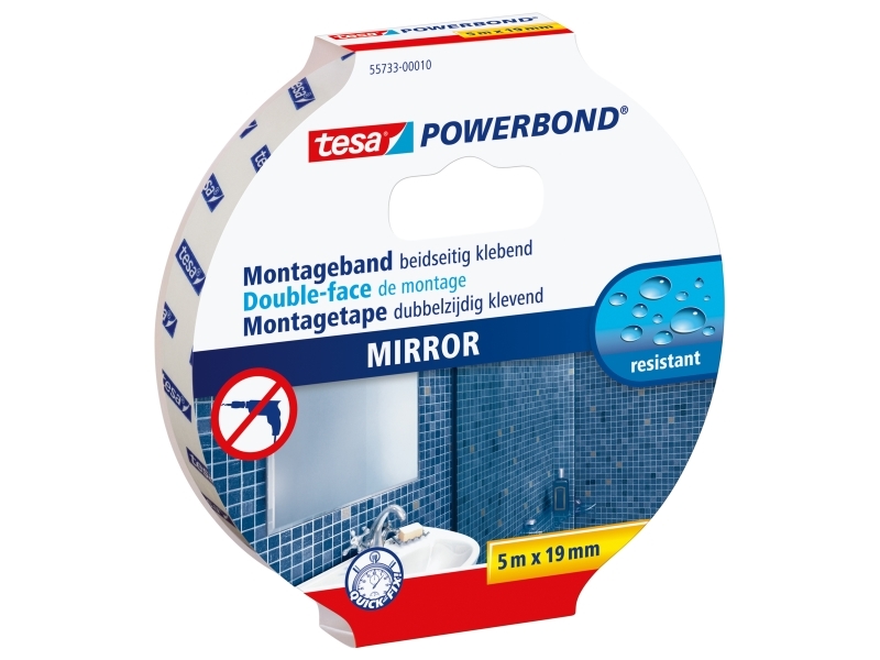 Tesa Powerbond Spiegel, Montageband, Weiß, 5 M, Drinnen, Kunststoff, Holz, 0,5 Kg/Cm