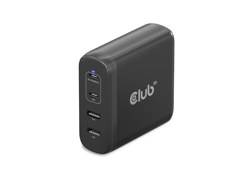 Club3d Travel Charger 100W Gan Technology, Four Port Usb Type-A(2X) And -C(2X), Power Delivery(Pd) 3.0 Support, Drinnen, Ac, Schwarz