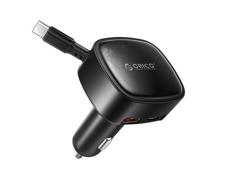 Orico-Ladegerät Orico Fc-66-1A2c 66 W Autoladegerät Mit Integriertem Aufrollbarem Usb-C-Kabel – Schwarz