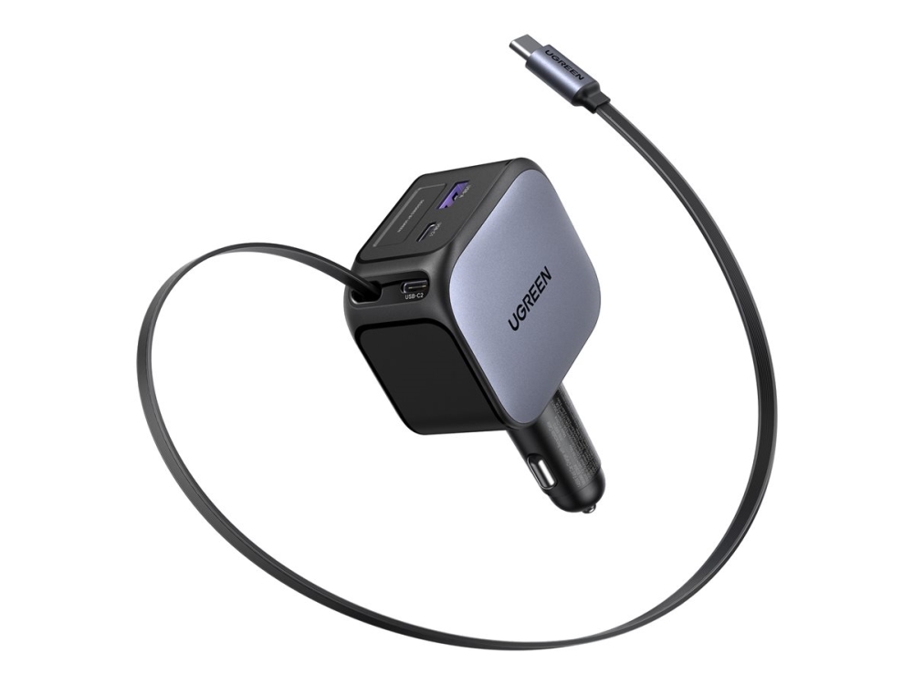 Ugreen Nexode EC604 - Bilstrømsadapter - retraktabel - 145 Watt - 3 A - Power Delivery 3.0 + PPS, QC 4.0+, Super Charge, Fast Charge, Apple 2.4A - 4 output-stikforbindelser (3 x USB-C, USB Type A) - space grey