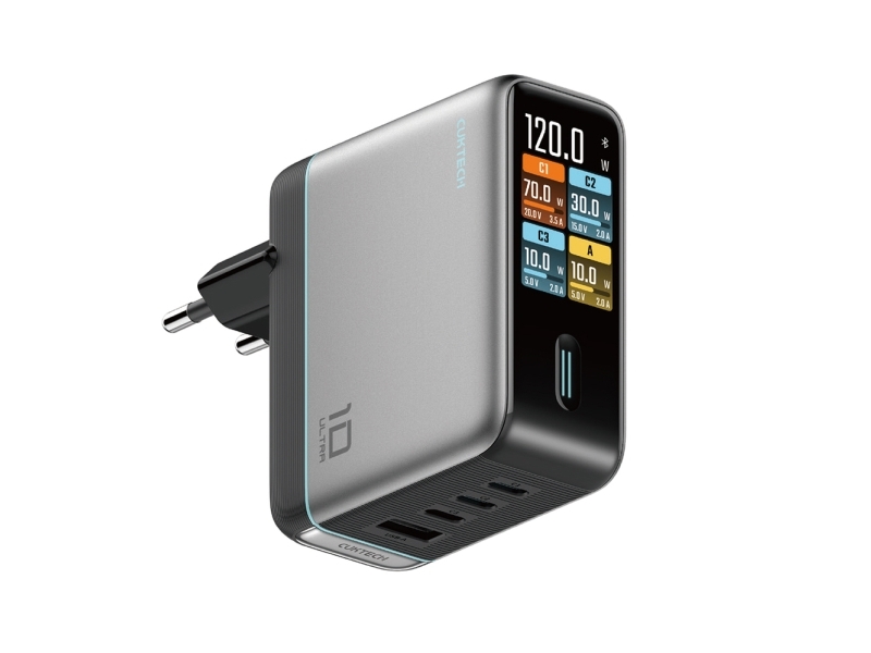 Cuktech Ad1204u 120W Wall Charger With Display And Usb-C Cable - Silver