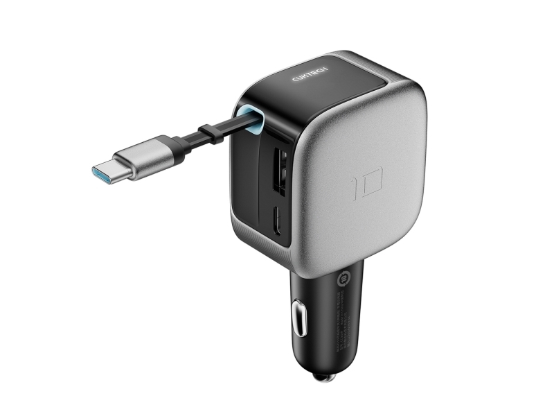 Cuktech Cc903p 100W Car Charger With Display And 70Cm Retractable Usb-C Cable - Gray