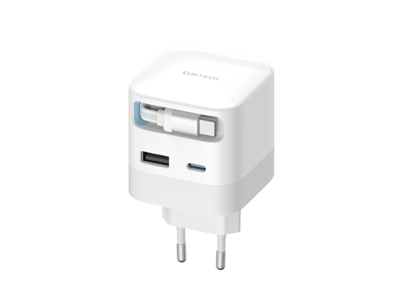 Cuktech Ad653w 67W Gan 2X Usb-C + Usb-A Wall Charger With 70Cm Retractable Usb-C Cable - White
