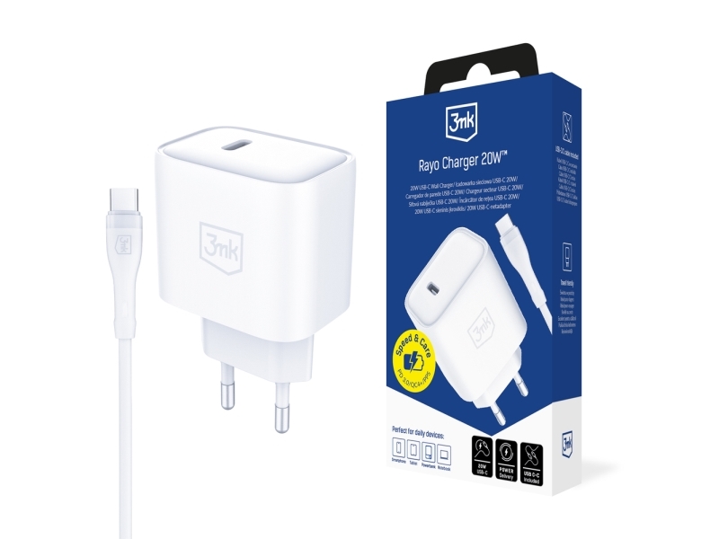 3Mk Rayo Charger 20W Pd3.0 Pps Usb-C Wall Charger + Usb-C / Usb-C 3A 60W Cable - White