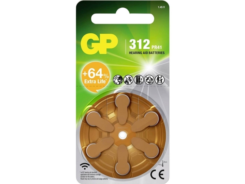 Gp Za312f-D6 Zinc Air Button Cell 1.45V
