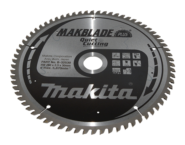 Makita T.C.T. Pjūklas Makblade Plus 260X2.3X30mm 5° T70 B-32530 T.C.T • 260 X30 Mm • T70 • 5° • Mediena