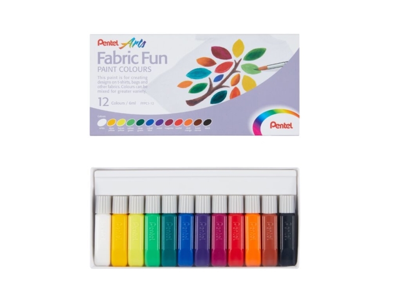 Pentel Ffpc1-12, Sort, Blå, Brun, Grøn, Lime, Magenta, Marineblå, Okker, Orange, Rød, Hvid, Gul, Tekstilmaling, 6 Ml, 12 Stk |