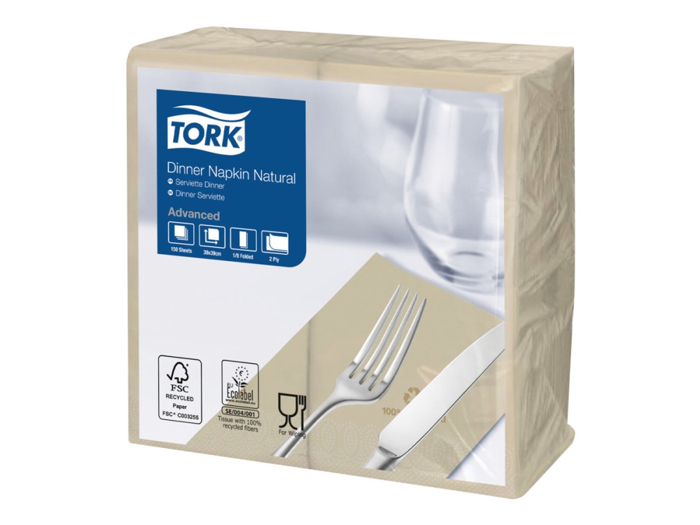 Serviette Tork 39X39 Cm 2-Lagig 1/8-Fold Natur,12 Pk X 150 Pcs/Krt